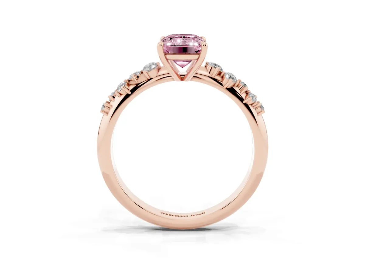 Fancy Pink Emerald Cut Diamond Cluster Side Stone Solitaire Ring with Prong Setting Rose gold