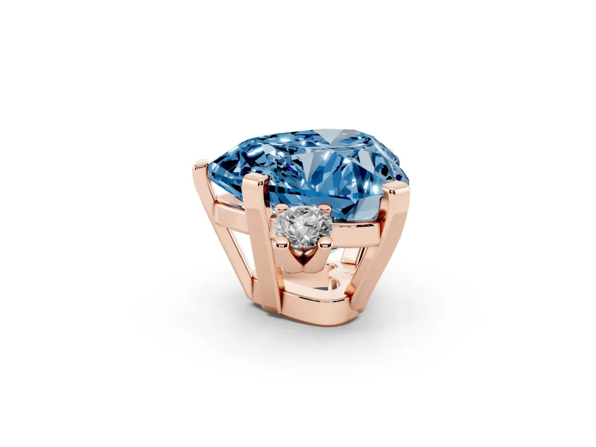 Fancy Blue Heart Cut Cut Three-Stone Solitaire Ring with Round Accent Diamonds and Four-Prong Setting Rose gold