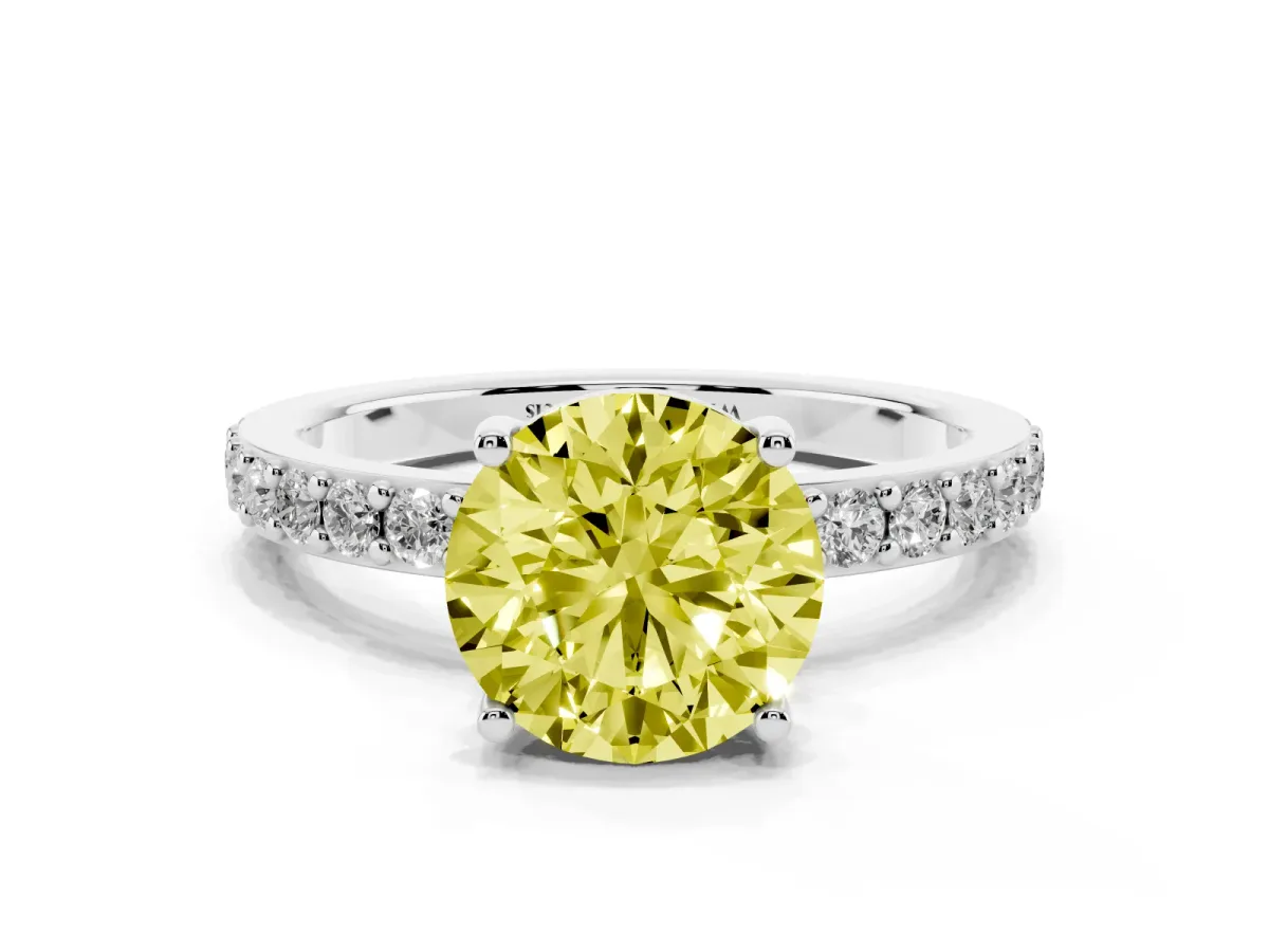 Fancy Yellow Round Cut Cut Diamond Solitaire with Pave Band and Four-Prong Setting Silver