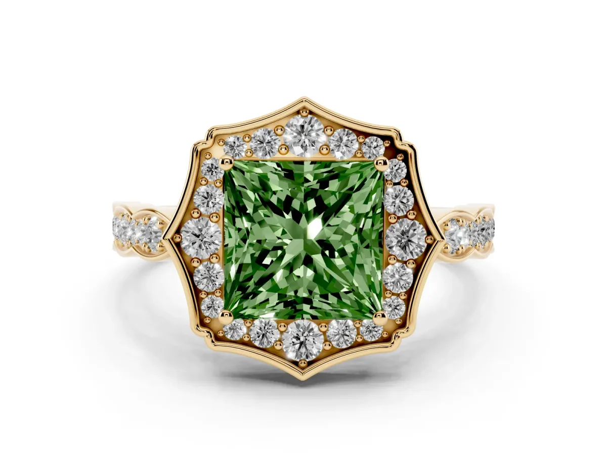 Fancy Green Princess Cut Halo Diamond Engagement Ring with Milgrain Band and Four-Prong Setting Yellow gold