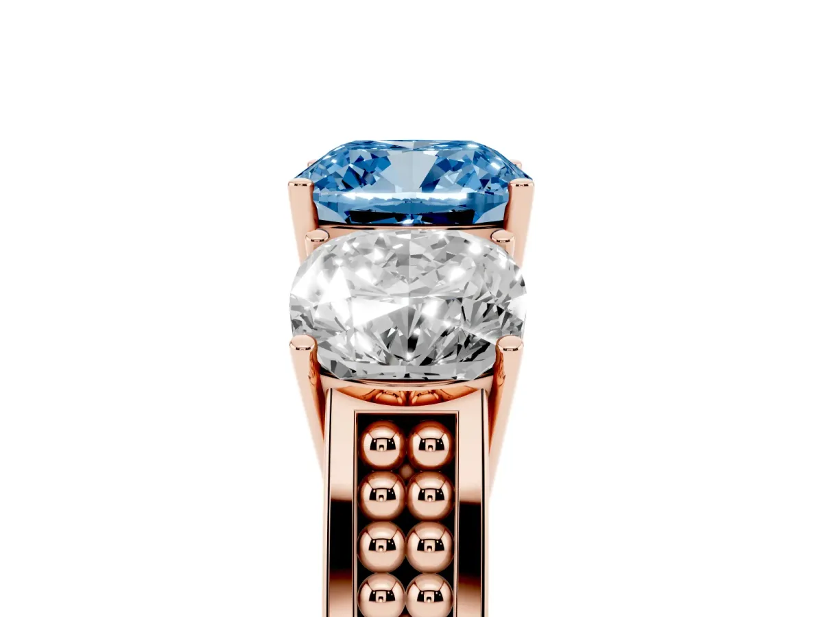 Fancy Blue Cushion Cut Diamond Three-Stone Ring with Prong Setting and Textured Band Rose gold