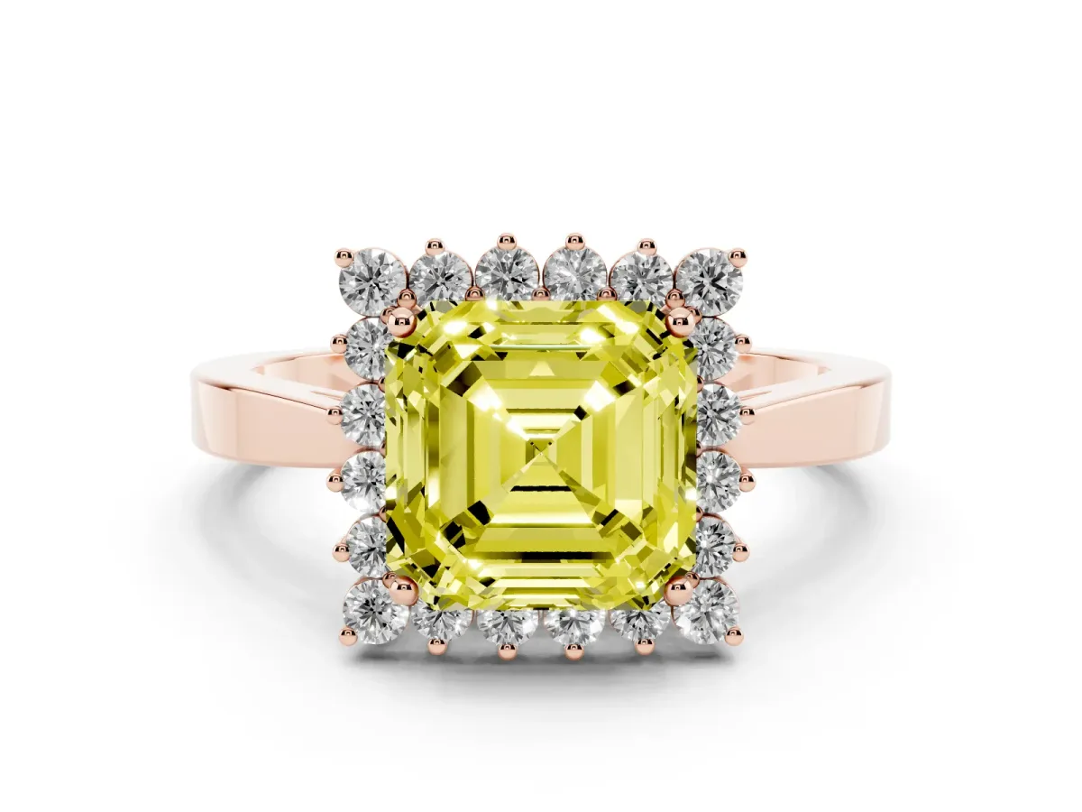 Fancy Yellow Asscher Cut Cut Diamond Halo Ring with Round Brilliant Halo and Solitaire Band Rose gold