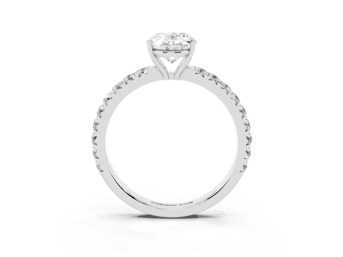 Oval Cut Diamond Pavé Solitaire Engagement Ring with Four-Prong Setting Platinum