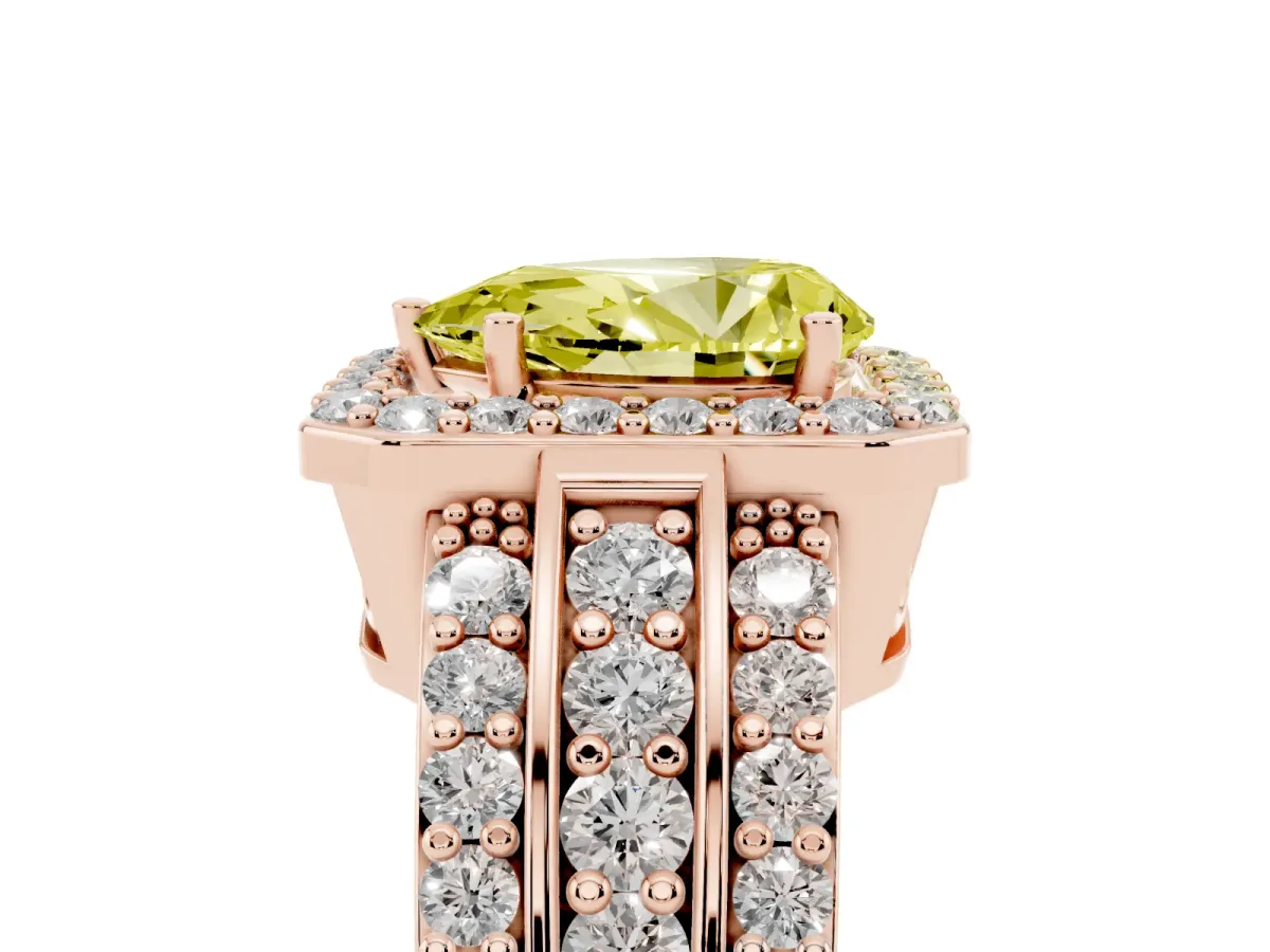 Fancy Yellow Pear Cut Halo Diamond Ring with Round Split Shank and Prong Setting Rose gold