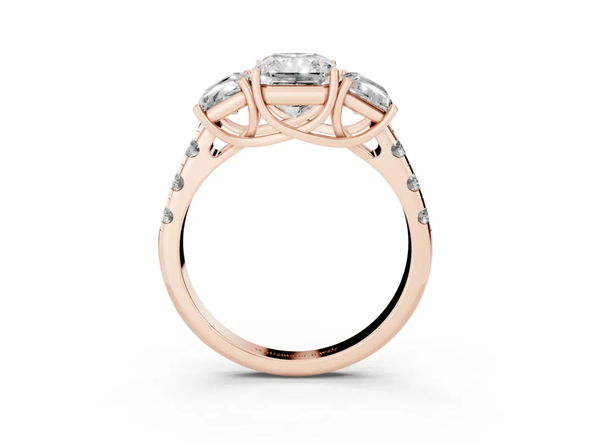 Three-Stone Radiant Cut Diamond Pavé Band with Prong Setting Rose gold