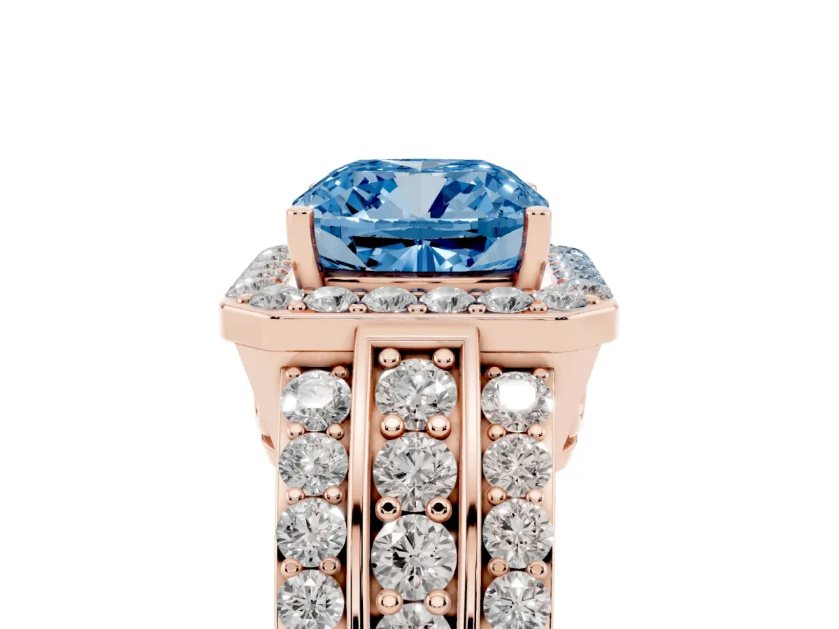 Fancy Blue Cushion Cut Halo Diamond Ring with Round Split Shank and Prong Setting Rose gold