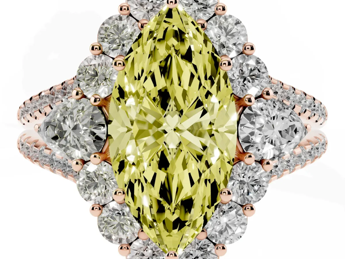 Fancy Yellow Marquise Cut Halo Split Shank Diamond Engagement Ring with Prong Setting Rose gold