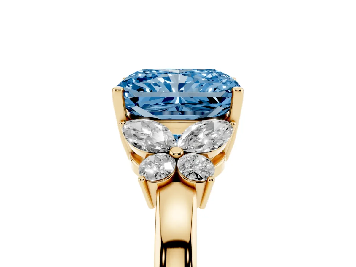 Fancy Blue Radiant Cut Cut Solitaire Floral Diamond Ring with Four-Prong Setting Yellow gold