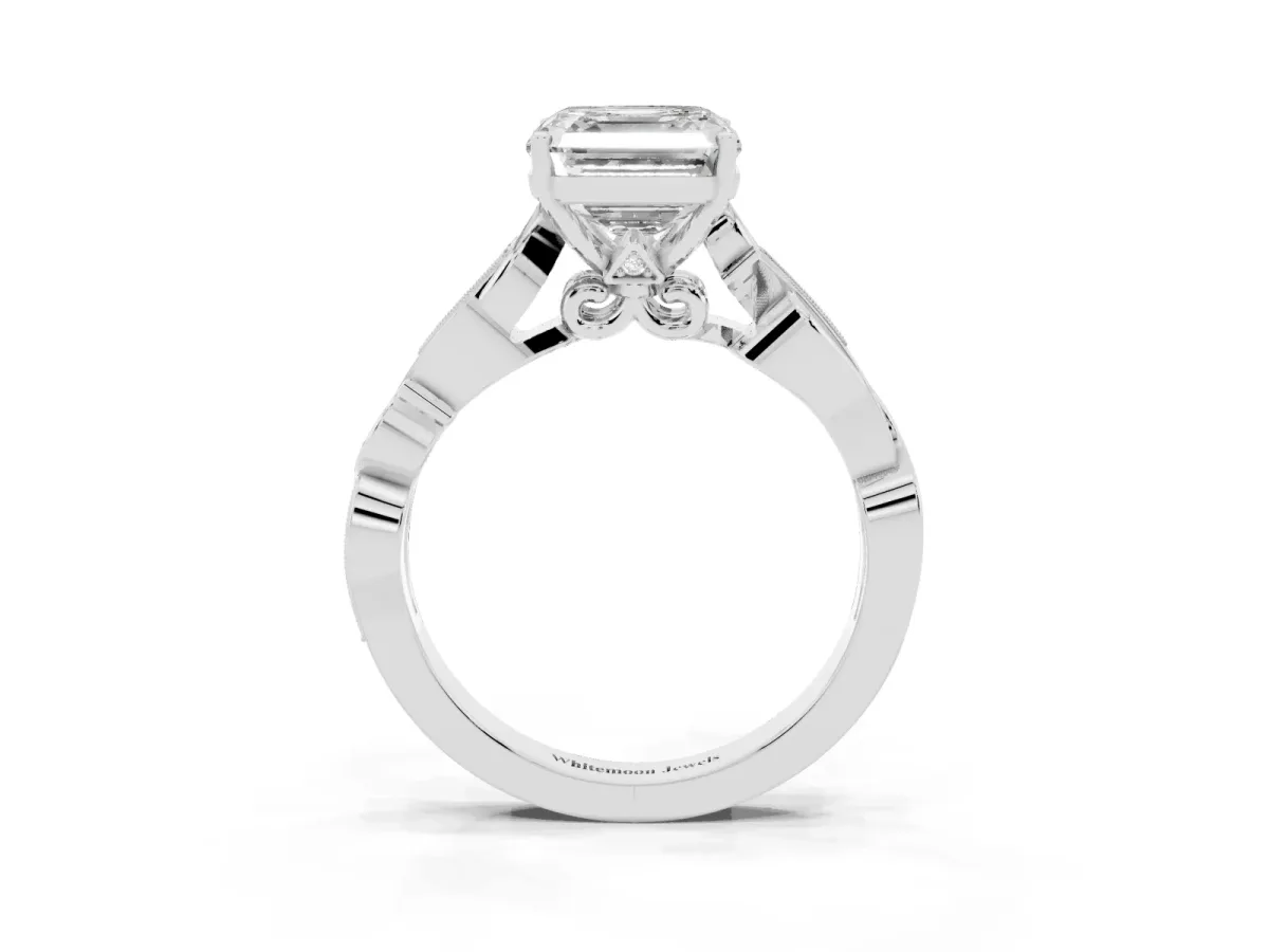 Asscher Cut Solitaire Vine Band with Milgrain Prong Setting Platinum