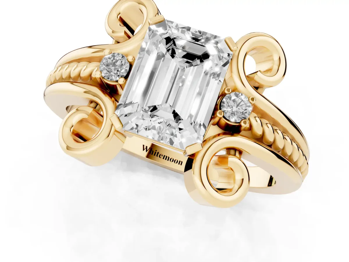 Emerald Cut Solitaire Twisted Band Scroll Prong Ring Yellow gold