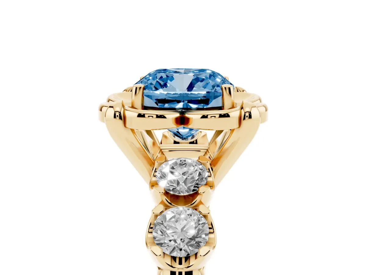 Fancy Blue Cushion Cut Cut Diamond Floral Halo Engagement Ring with Shared Prong Setting Yellow gold