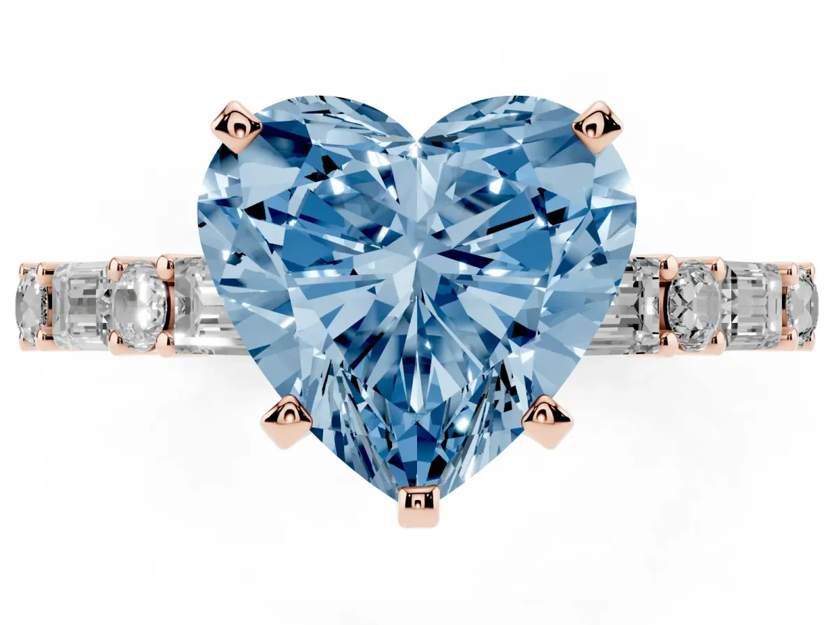 Fancy Blue Heart Cut Diamond Solitaire with Side Baguettes and Channel Set Band Rose gold