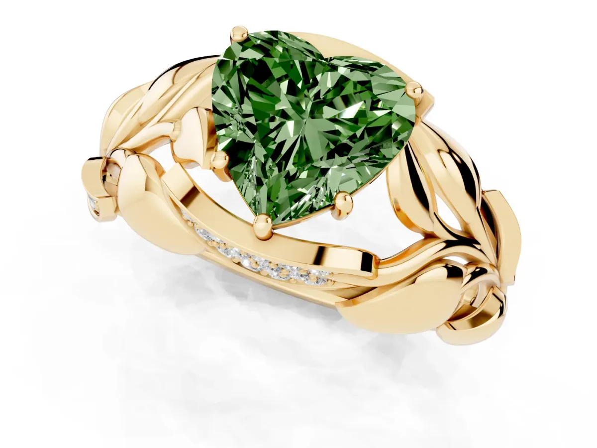 Fancy Green Heart Cut Diamond Leaf-Inspired Engagement Ring with Round Accents and Prong Setting Yellow gold