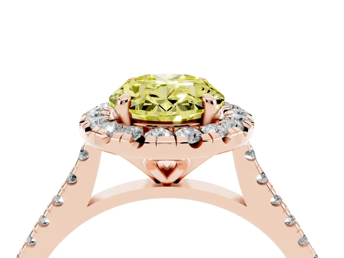 Fancy Yellow Oval Cut Diamond Cushion Halo Ring with Pavé Band Rose gold