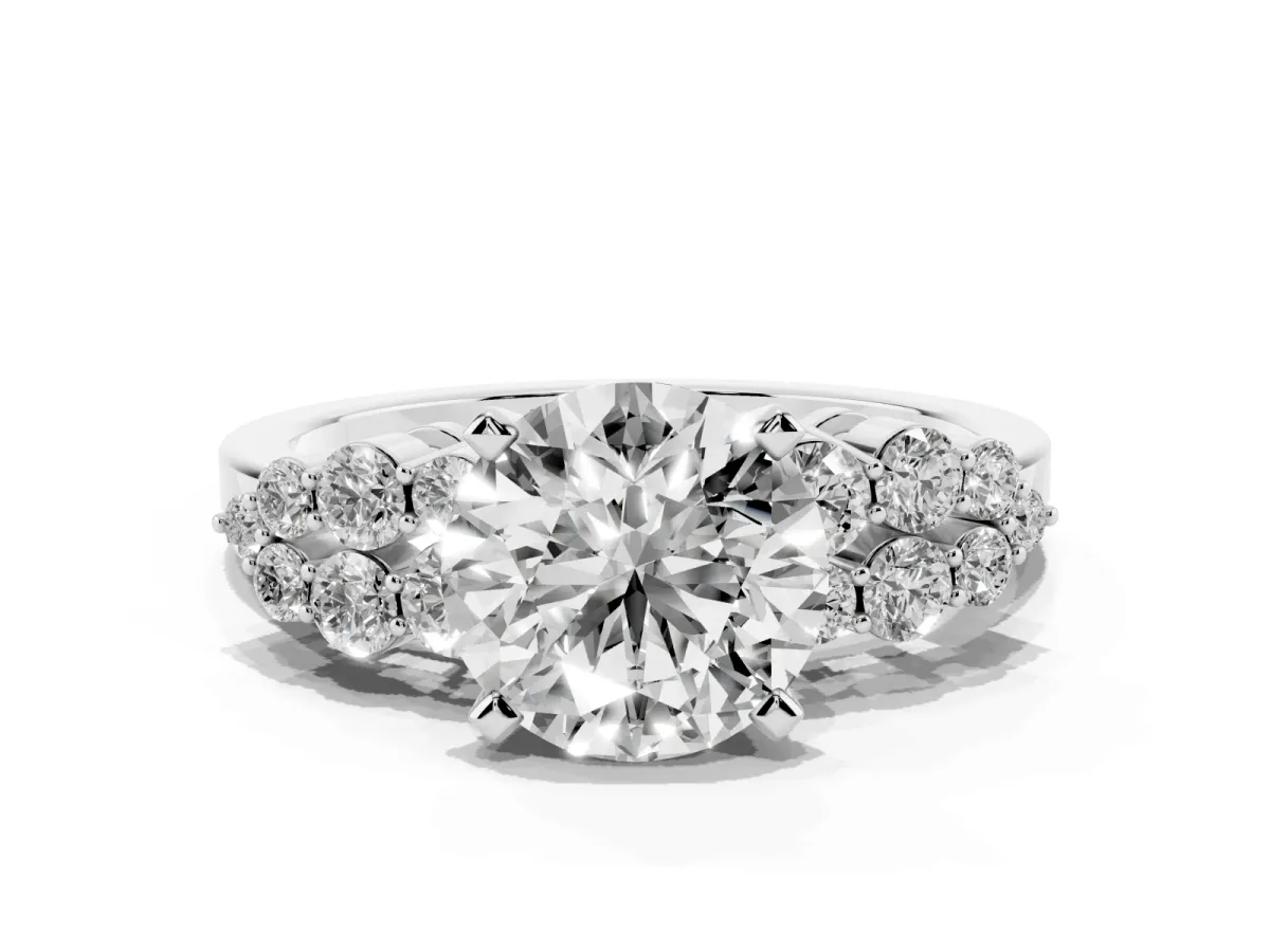 Round Cut Cluster Diamond Engagement Ring with Pavé Band and Four-Prong Setting Silver