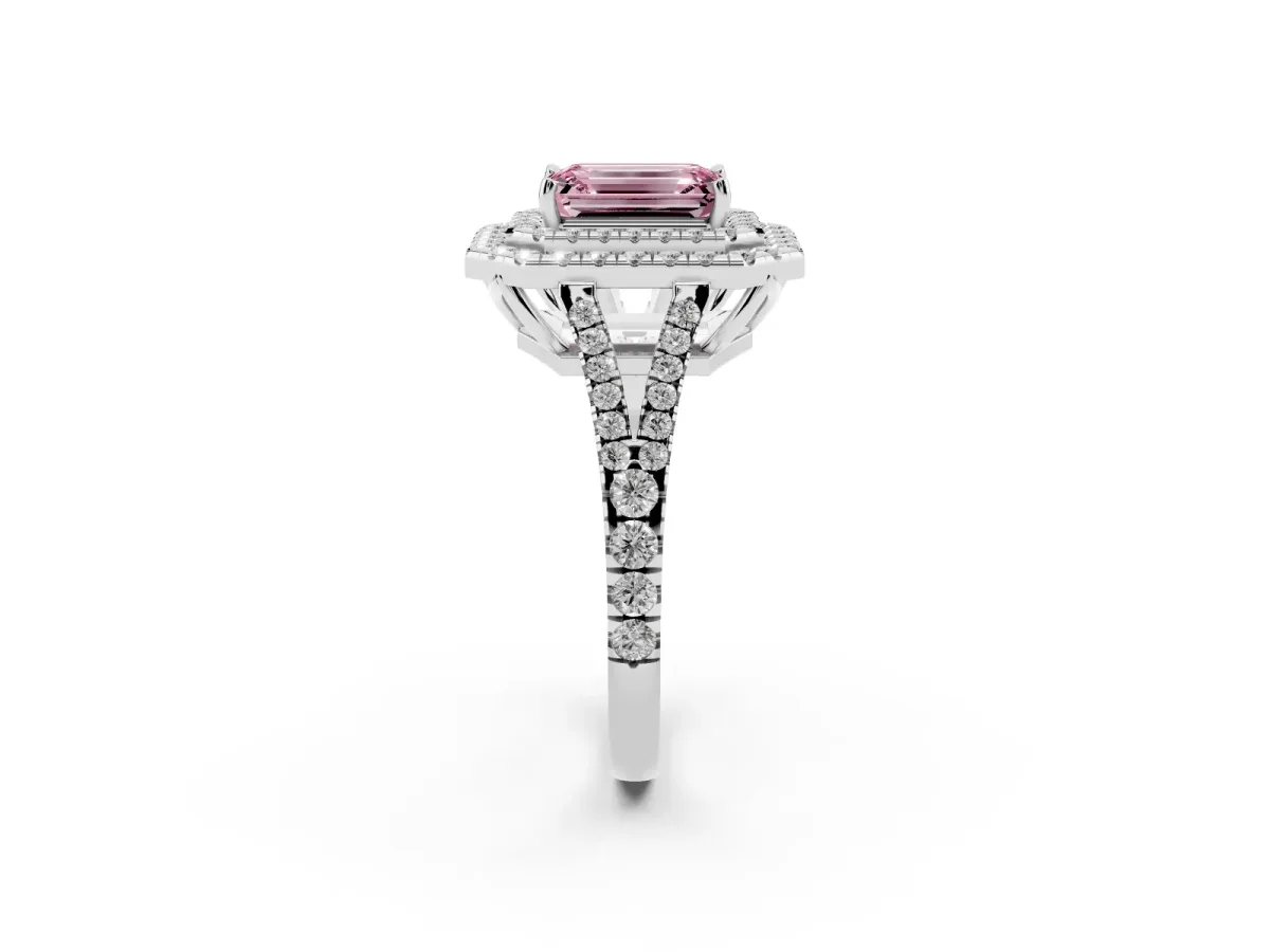 Fancy Pink Emerald Cut Diamond Double Halo Ring with Pavé Band and Prong Setting Silver