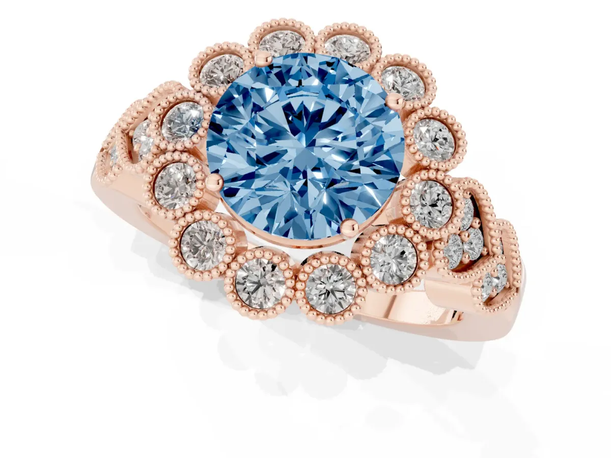 Fancy Blue Round Cut Brilliant Milgrain Pave Heart Band Solitaire Ring Rose gold