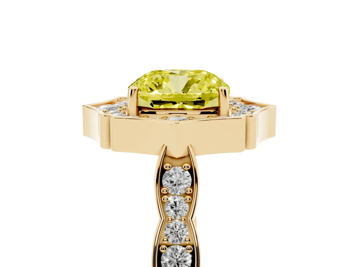 Fancy Yellow Cushion Cut Halo Diamond Engagement Ring with Milgrain Band and Four-Prong Setting Yellow gold