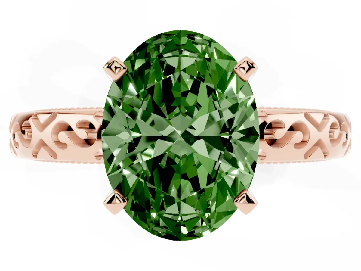 Fancy Green Oval Cut Solitaire Engagement Ring with Scrollwork Band and Four-Prong Setting Rose gold