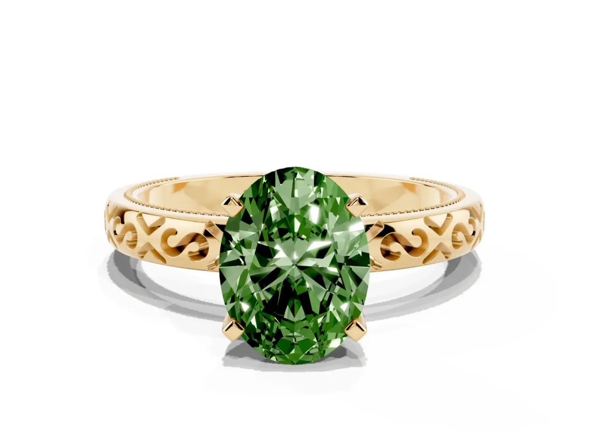 Fancy Green Oval Cut Solitaire Engagement Ring with Scrollwork Band and Four-Prong Setting Yellow gold