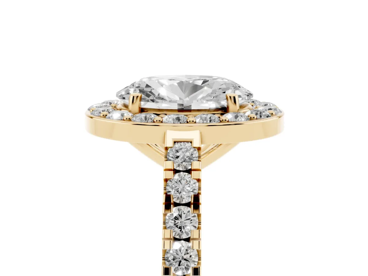Oval Cut Diamond Halo Ring with Round Pavé Split Shank and Prong Setting Yellow gold