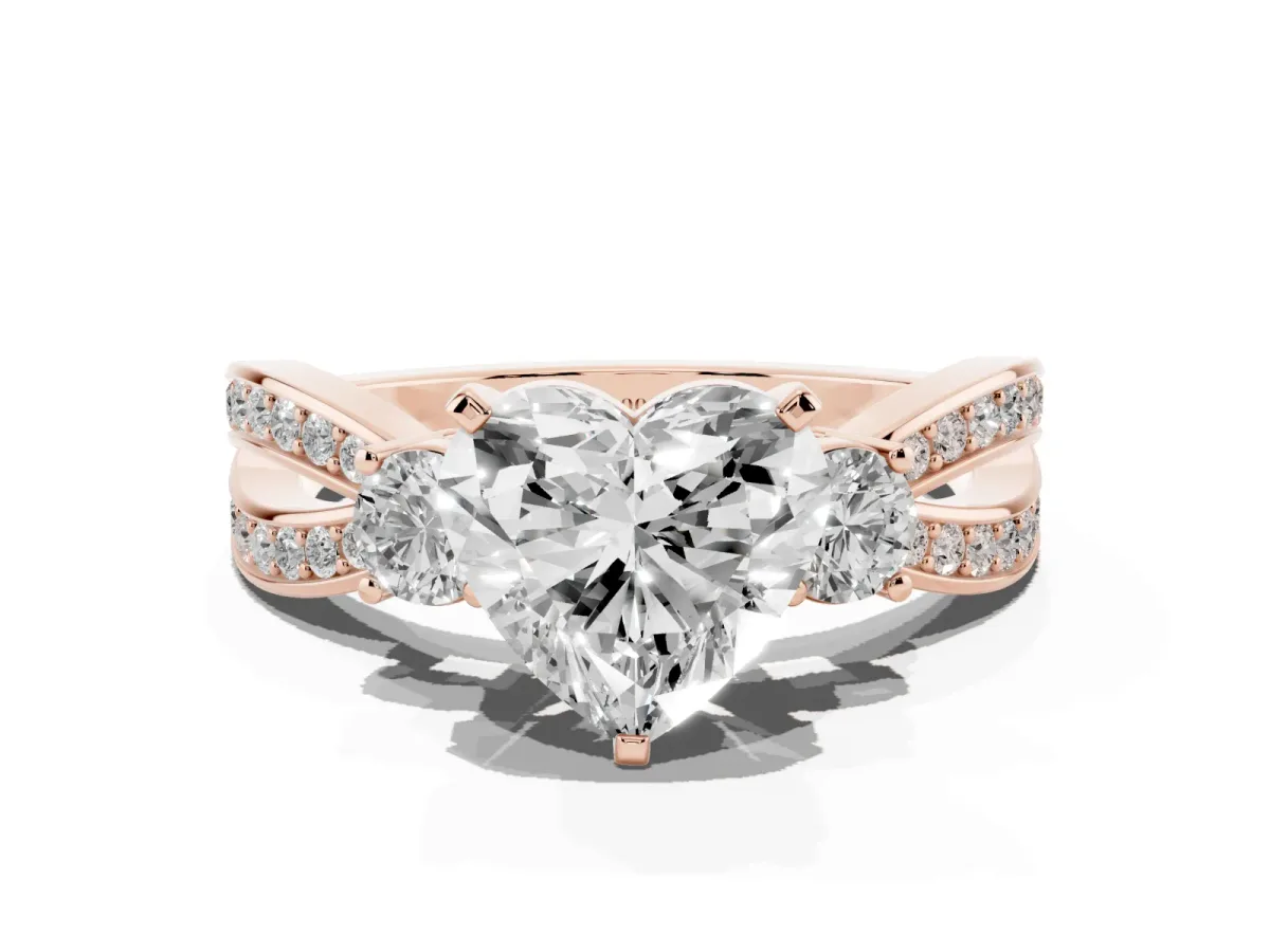 Three-Stone Heart Cut Cut Diamond Twist Band with Prong Setting Rose gold