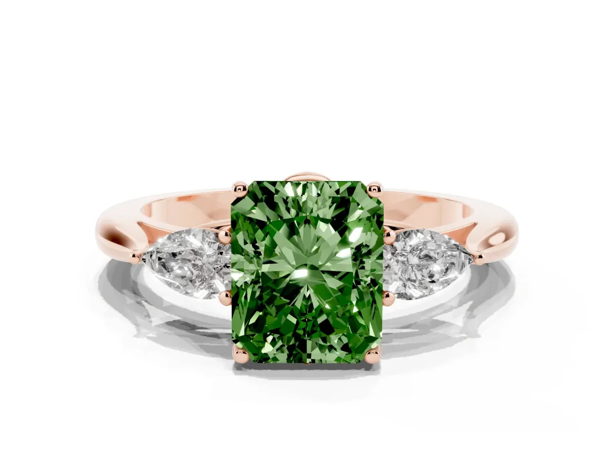 Fancy Green Three-Stone Radiant Cut Diamond Ring with Pear Side Stones in Four-Prong Setting Rose gold