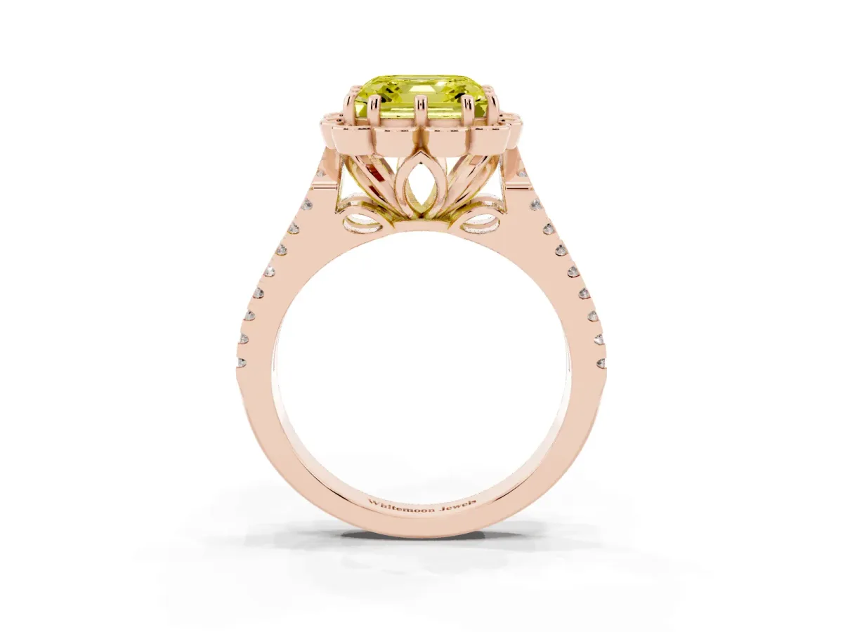 Fancy Yellow Asscher Cut Halo Diamond Floral Split Shank Engagement Ring Rose gold