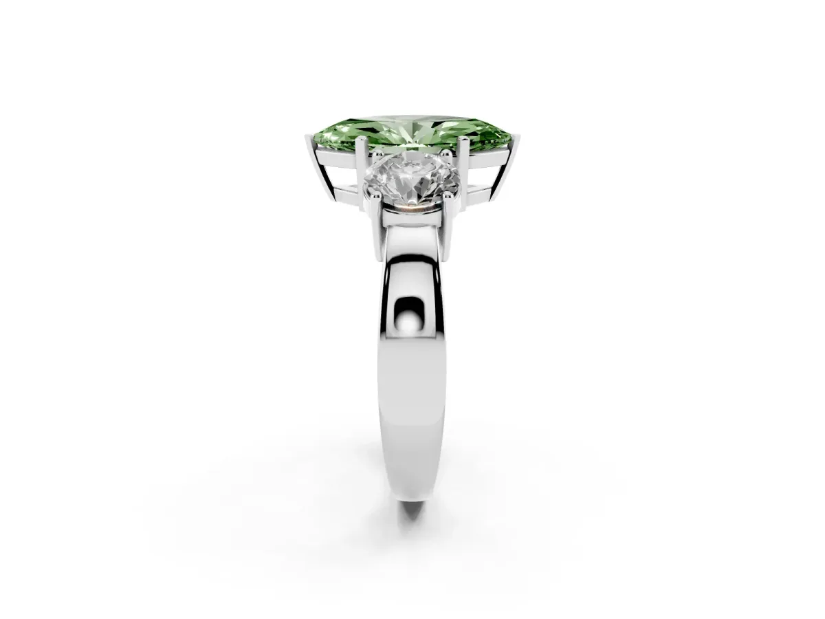 Fancy Green Three-Stone Marquise Cut Diamond Ring with Round Side Stones, Classic Band, and Four-Prong Setting Platinum