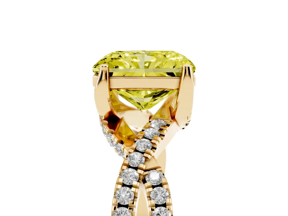 Fancy Yellow Radiant Cut Solitaire Twist Pave Diamond Engagement Ring with Prong Setting Yellow gold