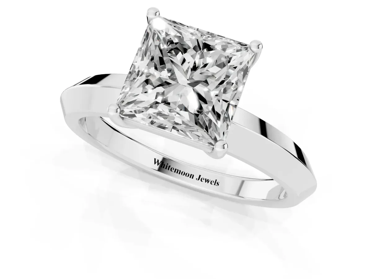 Princess Cut Cut Solitaire Engagement Ring with Flat Band and Four-Prong Setting Platinum