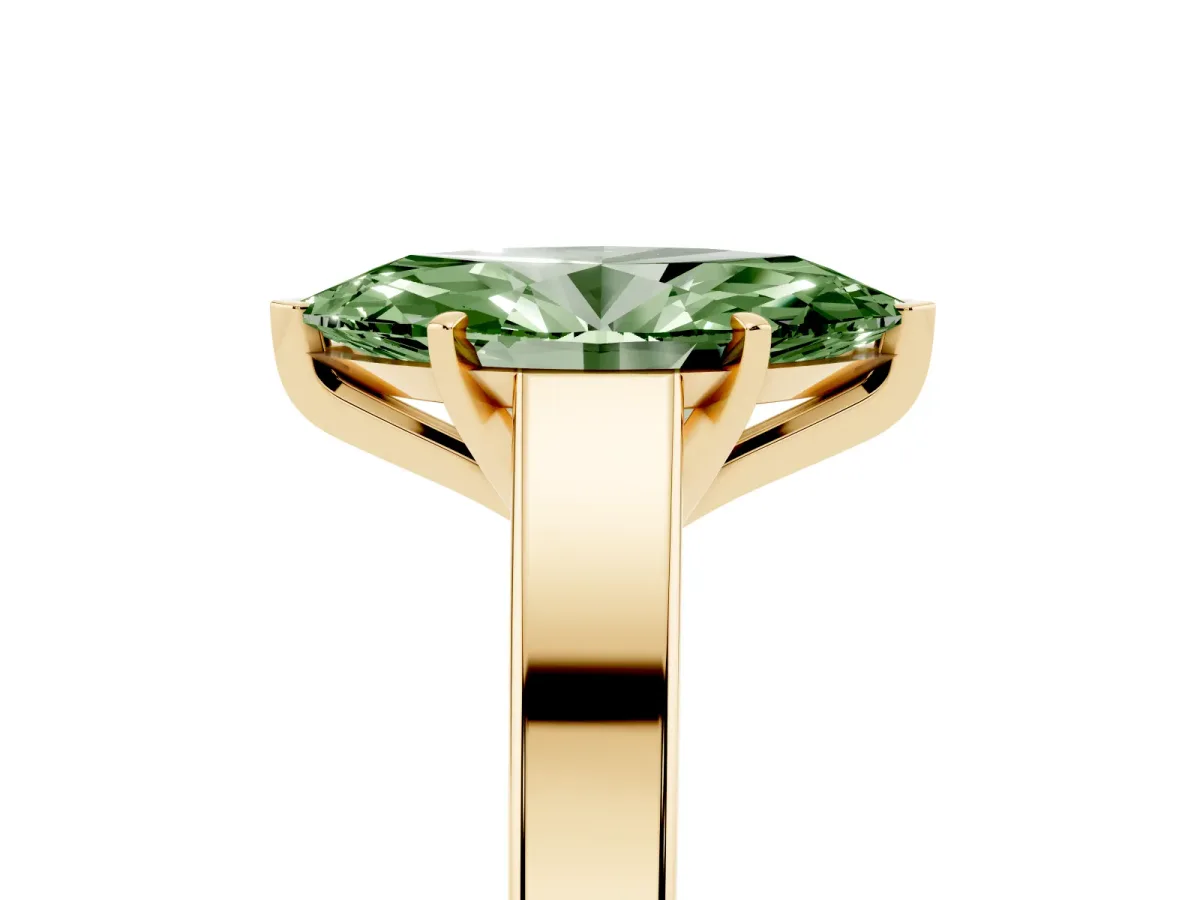 Fancy Green Marquise Cut Solitaire Engagement Ring with Four-Prong Setting and Tapered Band Yellow gold