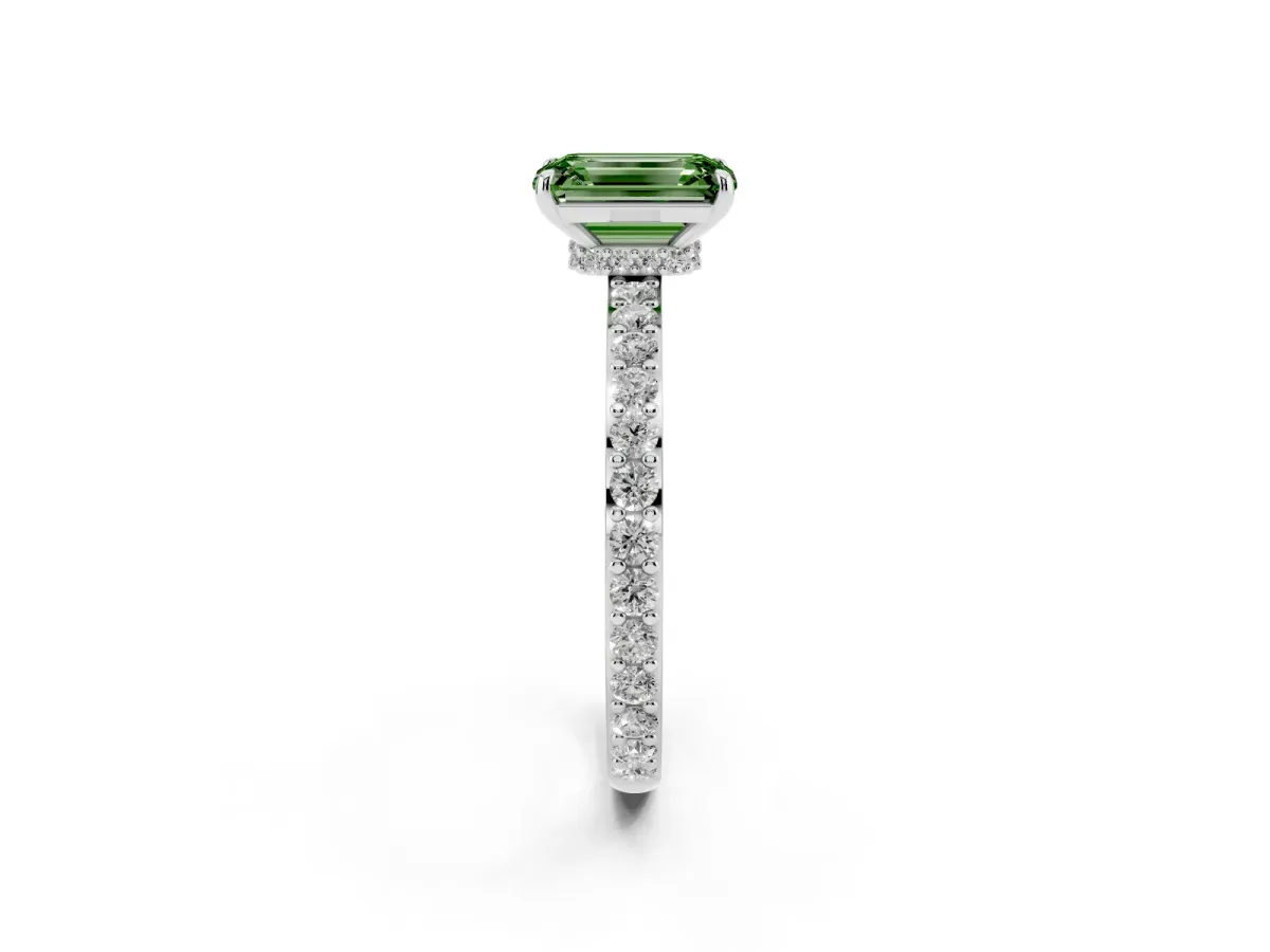 Fancy Green Emerald Cut Diamond Pavé Engagement Ring with Round Accents and Prong Setting White gold