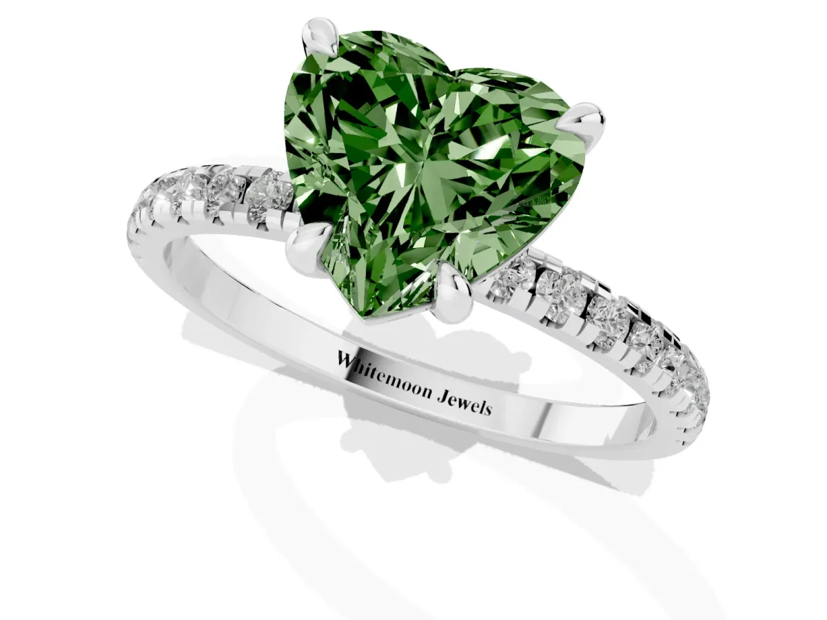 Fancy Green Heart Cut Diamond Brilliant Solitaire Ring with Pavé Band and Four-Prong Setting Platinum