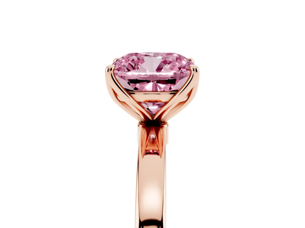 Fancy Pink Cushion Cut Diamond Solitaire Ring with Thin Band and Prong Setting Rose gold