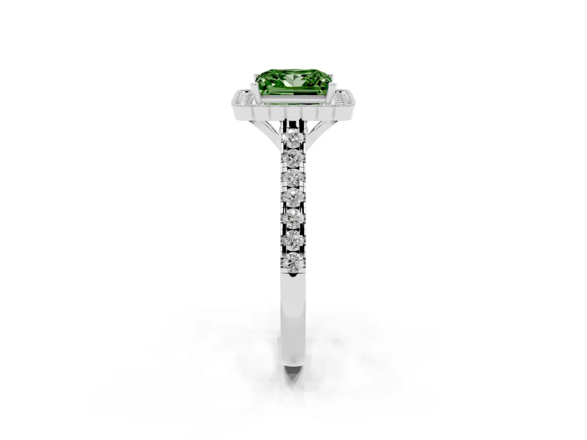 Fancy Green Princess Cut Cut Diamond Milgrain Floral Halo Engagement Ring with Pavé Band Silver