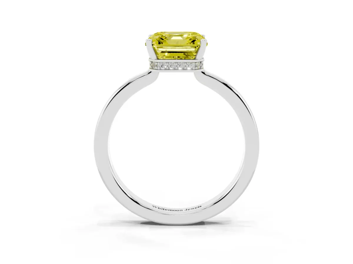 Fancy Yellow Asscher Cut Cut Solitaire Engagement Ring with Four-Prong Setting on a Classic Band Platinum
