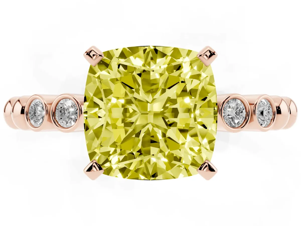 Fancy Yellow Cushion Cut Solitaire Bezel Accent Diamond Engagement Ring with Beaded Band and Four-Prong Setting Rose gold
