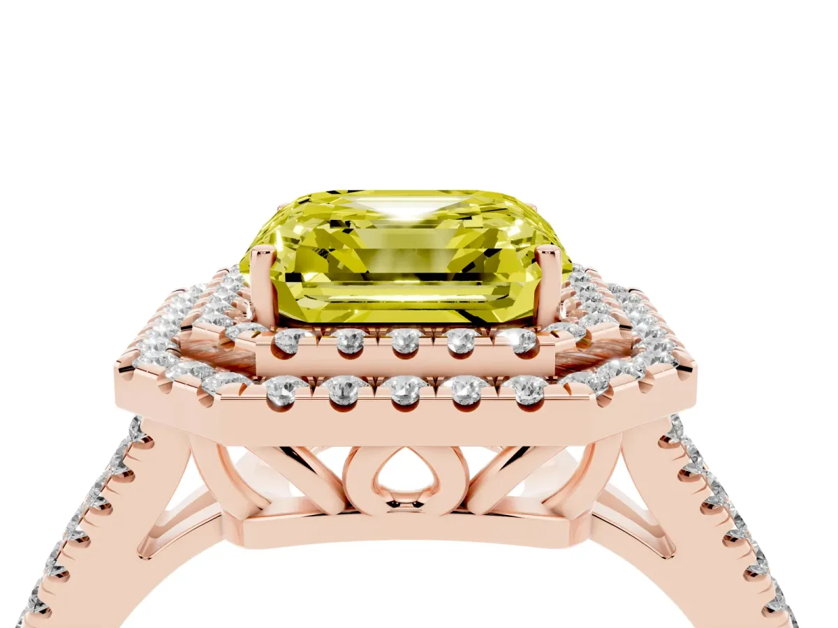 Fancy Yellow Asscher Cut Diamond Double Halo Ring with Pavé Band and Prong Setting Rose gold