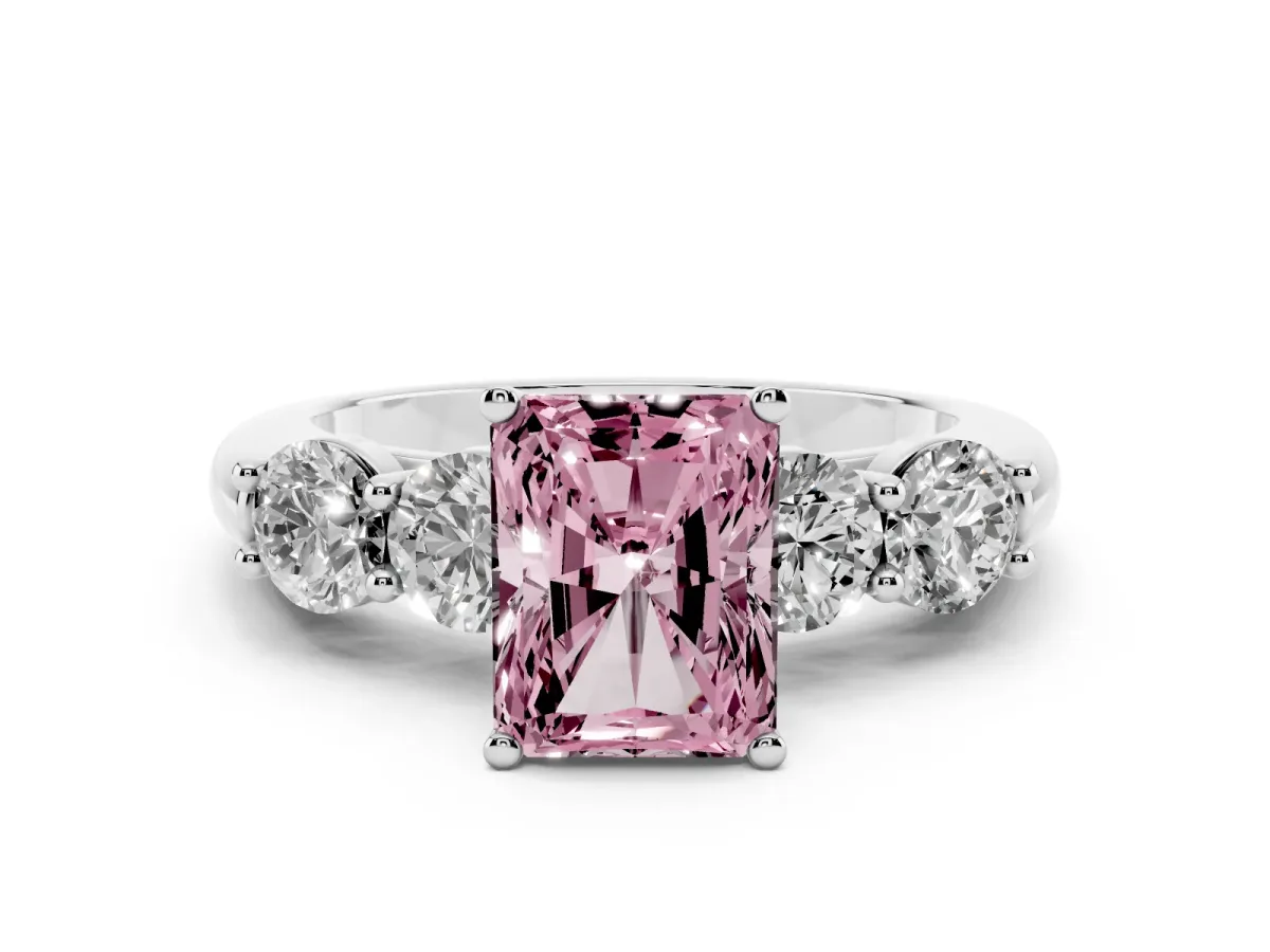 Fancy Pink Radiant Cut Cut Five-Stone Prong Set Diamond Ring with Classic Band Silver