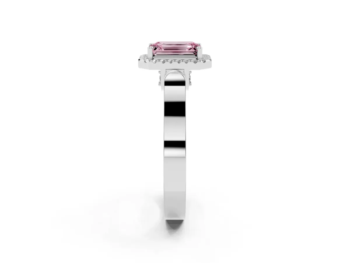 Fancy Pink Emerald Cut Halo Round Diamond Twist Band with Four-Prong Setting Platinum
