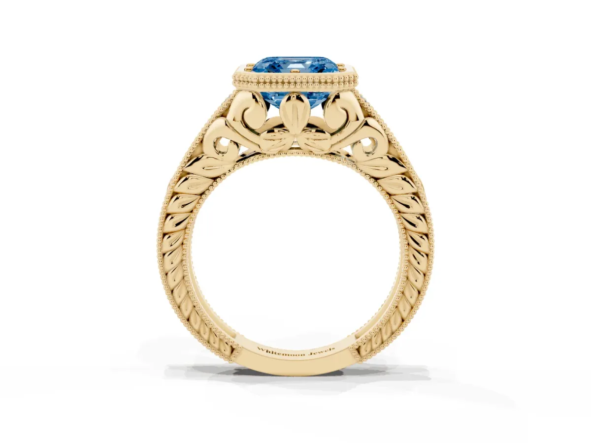 Fancy Blue Bezel Set Asscher Cut Diamond Milgrain Pave Engagement Ring Yellow gold