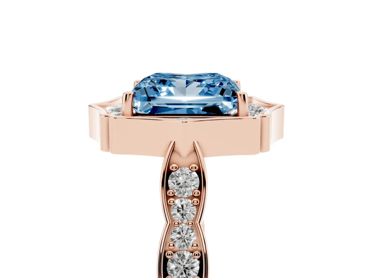 Fancy Blue Princess Cut Halo Diamond Engagement Ring with Milgrain Band and Four-Prong Setting Rose gold