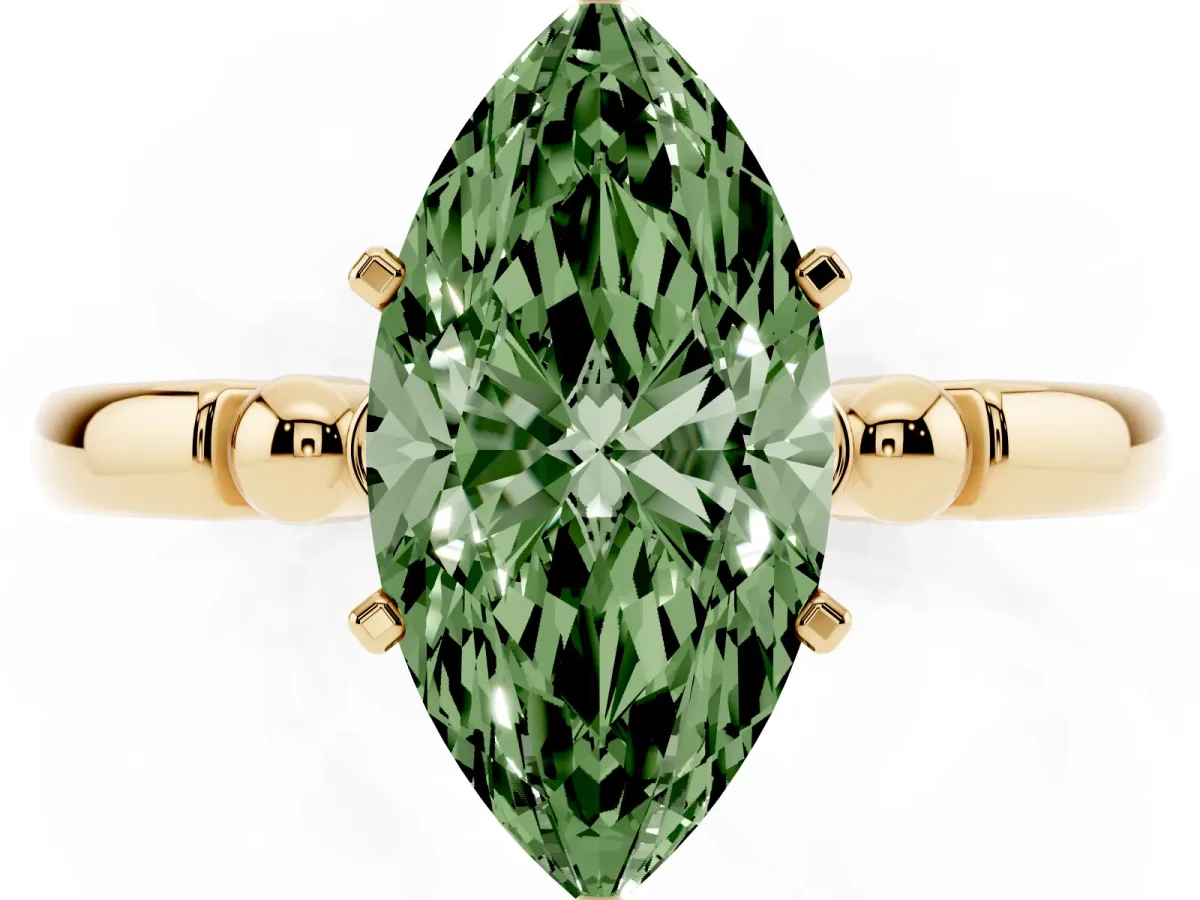 Fancy Green Marquise Cut Solitaire Beaded Band with Four-Prong Setting Yellow gold