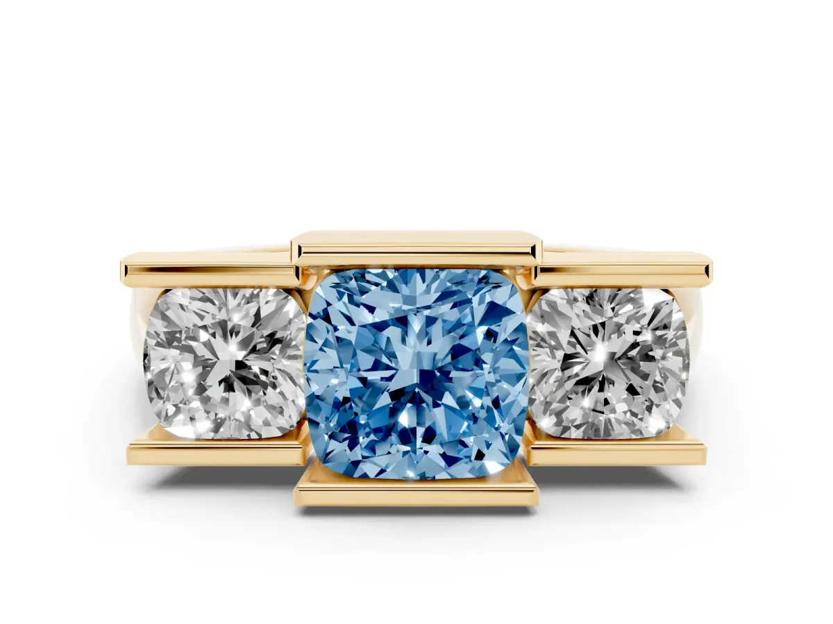 Fancy Blue Three Stone Cushion Cut Cut Channel Set Diamond Ring Yellow gold