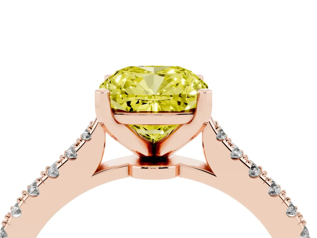 Fancy Yellow Cushion Cut Cut Solitaire Diamond Engagement Ring with Pave Band and Four-Prong Setting Rose gold