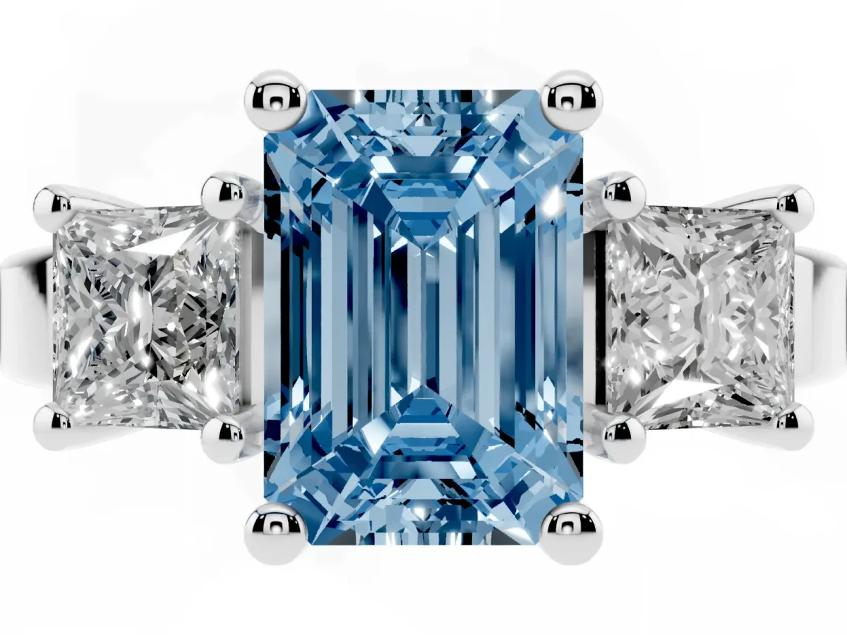 Fancy Blue Three-Stone Emerald Cut Cut Solitaire Ring with Prong Setting Silver