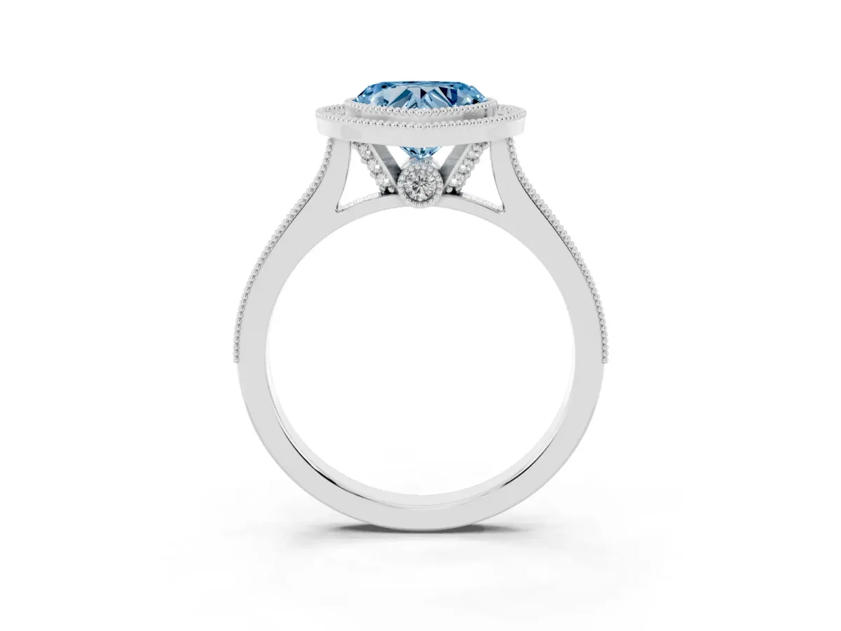 Fancy Blue Halo Heart Cut-Cut Diamond Pave Band Milgrain Prong Setting Ring Silver