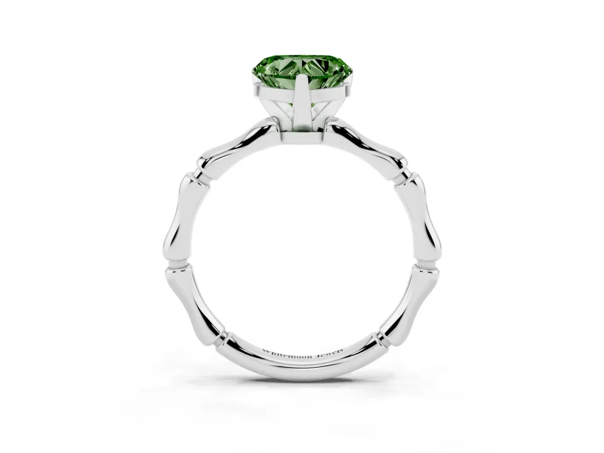 Fancy Green Heart Cut Solitaire Diamond Ring with Bamboo Band and Four-Prong Setting Silver