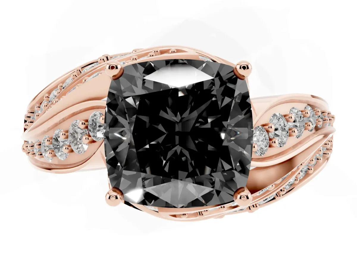 Fancy Black Cushion Cut Diamond Solitaire Ring with Prong Setting and Twisted Pavé Band Rose gold